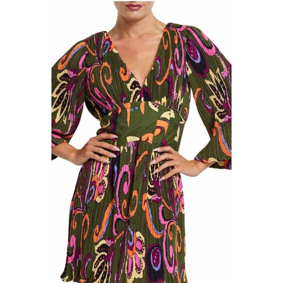 CIEBON Printed Multicolor Micro Pleat Dress with Long Sleeves, NWT, size M - Picture 2 of 7